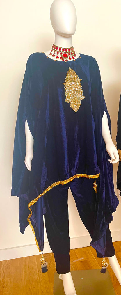 Blue velvet cape and trouser set